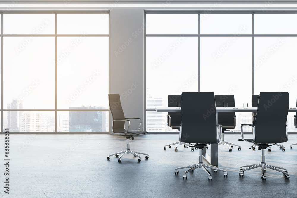 Front view of empty conference room with office desk and chairs, window with city view, white walls and concrete floor. 3D Rendering Front view of empty conference room with office desk and chairs, window with city view, white walls and concrete floor. 3D Rendering