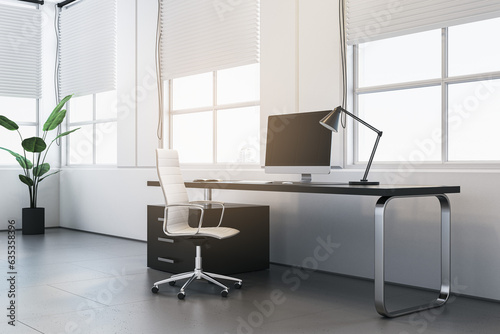 Contemporary white office interior with window, blinds, daylight and furniture. 3D Rendering.
