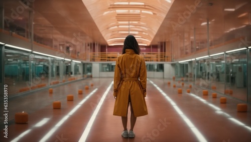 A stylish woman in a vibrant yellow trench coat strolling through a well-lit hallway