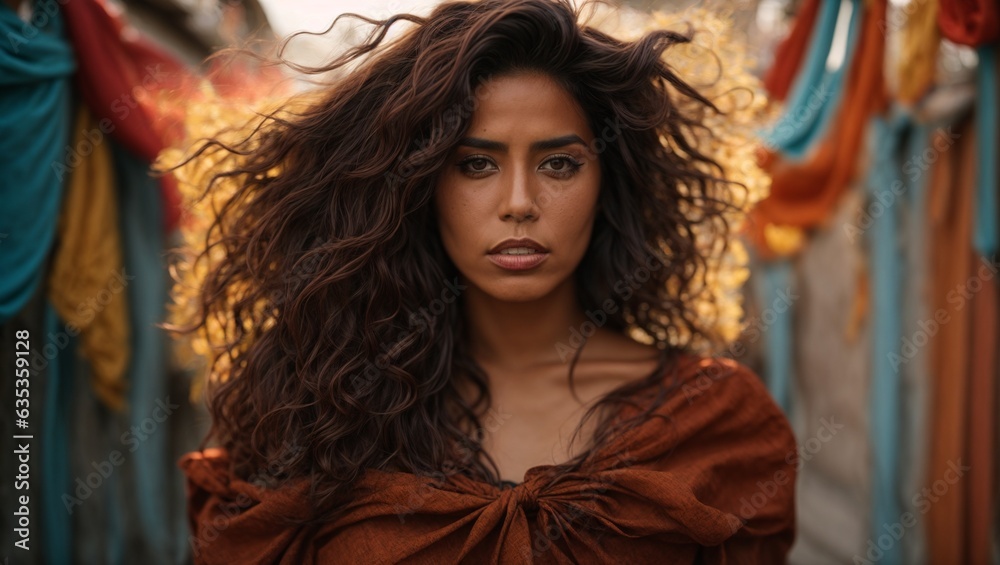 A woman with flowing hair in front of a vibrant curtain A woman with flowing hair in front of a vibrant curtain