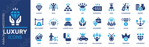 Luxury icon set. Containing diamond, rich, gem, gold, assets, expensive, jewelry, VIP, wealth and money icons. Solid icon collection. Vector illustration.