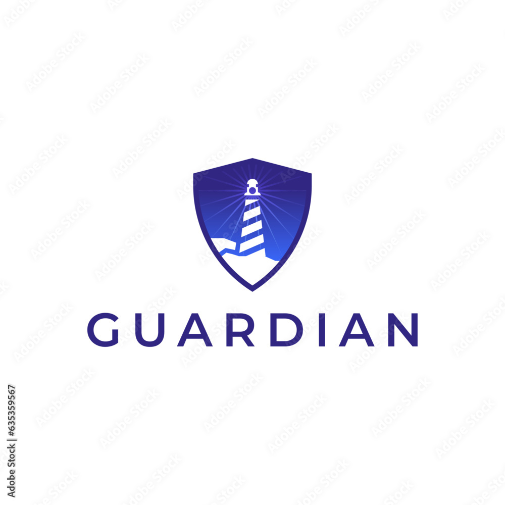 Lighthouse guardian logo, business and finance or tax template, shield vector 