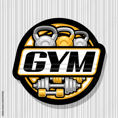 Vector logo for Sport Gym, dark decorative sign board with illustration of group variety orange dumbbells and steel kettlebells for gym, unique brush lettering for text gym on grey striped background