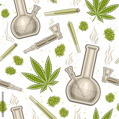 Vector Cannabis Seamless Pattern, repeat background with illustrations of set flat lay medicinal cannabis buds, marijuana leaf, weed paper roll, glass cannabis hookah with water on white background