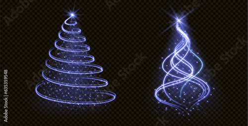 Realistic set of neon blue spiral and cone Christmas light trees isolated on transparent background. Vector illustration of xmas swirls decorated with stars and shimmering particles. Holiday decor
