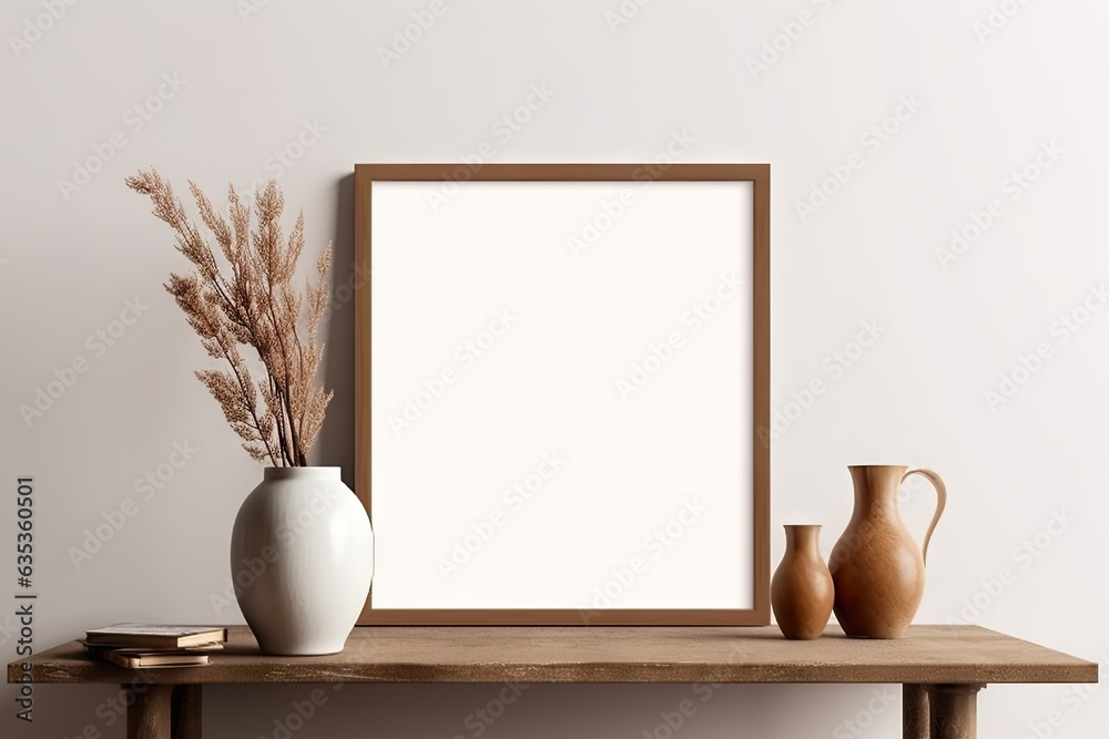 Modern Wooden Table with Empty White Picture Frames. Blank Mockup for Home Decor. Interior Design Background with Copy Space Modern Wooden Table with Empty White Picture Frames. Blank Mockup for Home Decor. Interior Design Background with Copy Space