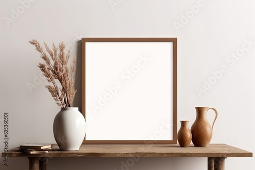 Modern Wooden Table with Empty White Picture Frames. Blank Mockup for Home Decor. Interior Design Background with Copy Space