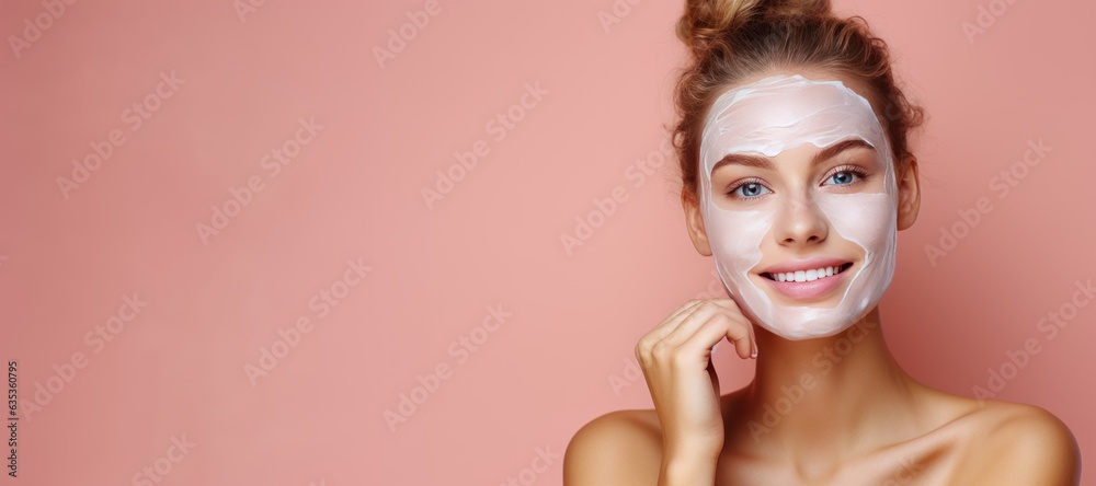 Beautiful Woman With a Facial Mask on Her Face with Copy Space. Beautiful Woman With a Facial Beauty Mask. Spa Procedure. Banner with copy space for text. 