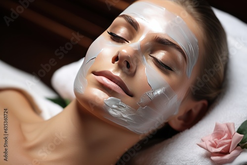 Beautiful Woman With a Facial Beauty Mask. Beautiful Woman With a Facial Mask on Her Face with Copy Space. Spa Procedure. Banner with copy space for text.