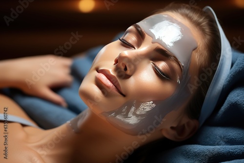 Beautiful Woman With a Facial Mask on Her Face with Copy Space. Beautiful Woman With a Facial Beauty Mask. Spa Procedure. Banner with copy space for text. 