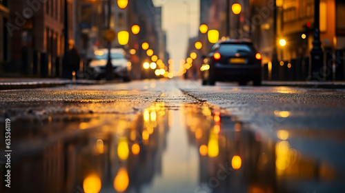 Rain on wet asphalt in the city. Concept of rainy weather and fall season. © henjon