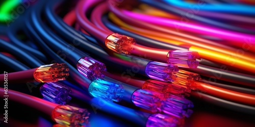 Vibrant electric cables. vivid hues, optical fiber, and a background for technological image and new business trends. Generative Ai.