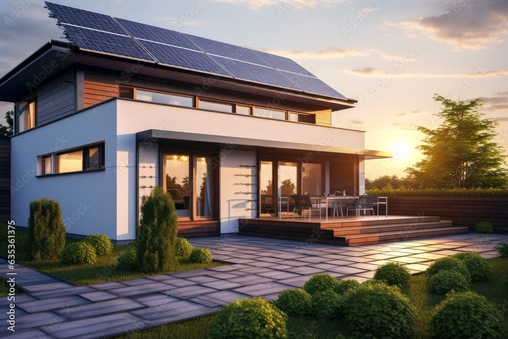 Fototapeta premium The exterior of a modern low-rise country house with solar panels installed on the roof. Alternative energy sources.