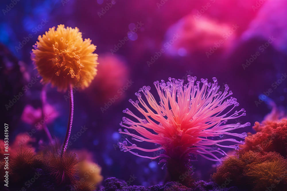 Fototapeta premium Macrocosm, the macroscopic world a furry virus on a stalk and a microorganism with large tentacles under a microscope.