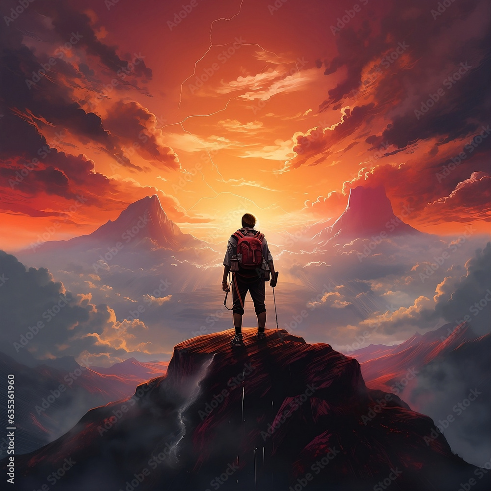 Person who only sees his silhouette and his back, walks towards the horizon in the mountains at silhouette , image created with AI