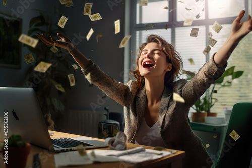 Business Success. Young Happy Businesswoman Celebrating Success With Laptop In Office