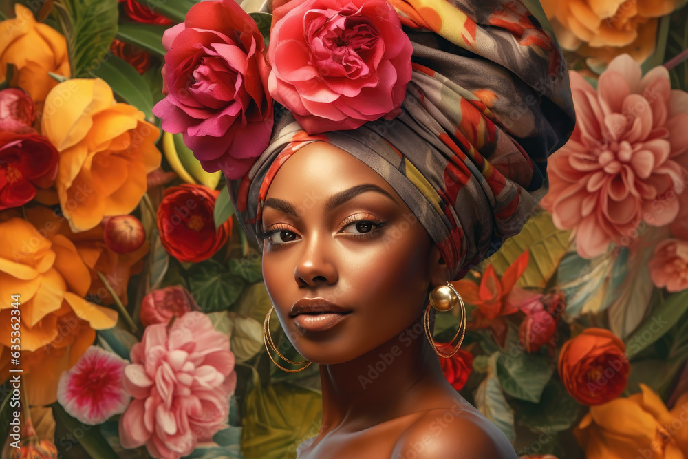 An African woman is working in a flower plant nursery located within a greenhouse. Generative Ai, Ai. An African woman is working in a flower plant nursery located within a greenhouse. Generative Ai, Ai.
