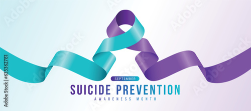 September, Suicide prevention awareness month - Text and Teal purple ribbon roll and waving sign on soft teal purple background vector design