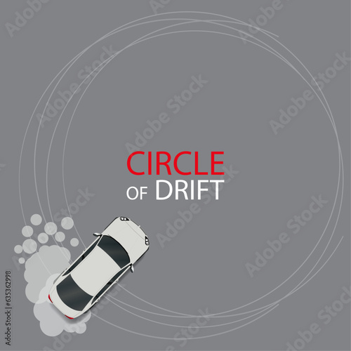 Drift car tire circle road. Drift car circling a road on a drift race show circle track with grunge scratches. Vector illustration.