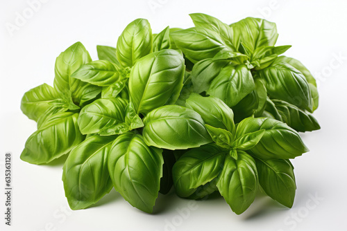 Close-up image of basil leaves isolated on a white background, highlighting their vibrant green color and aroma. Generative Ai.