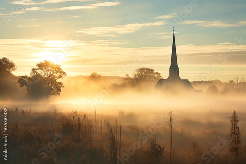 Obraz na płótnie Majestic Steeple: Backlit Spire Emerging from Morning Mist