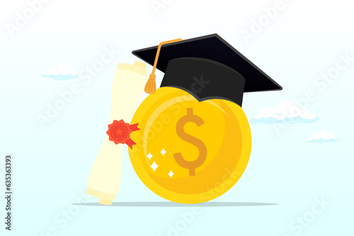 Dollar money coin with mortarboard graduation cap and certificate, education cost, tuition or scholarship, money for university or graduation, school expense or student debt, college diploma (Vector)