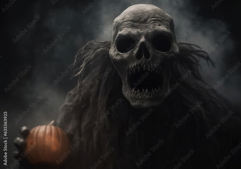Halloween night terrible scary monster, mystical fantasy creature, dark background. AI generated.