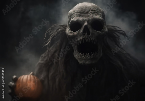 Halloween night terrible scary monster, mystical fantasy creature, dark background. AI generated.