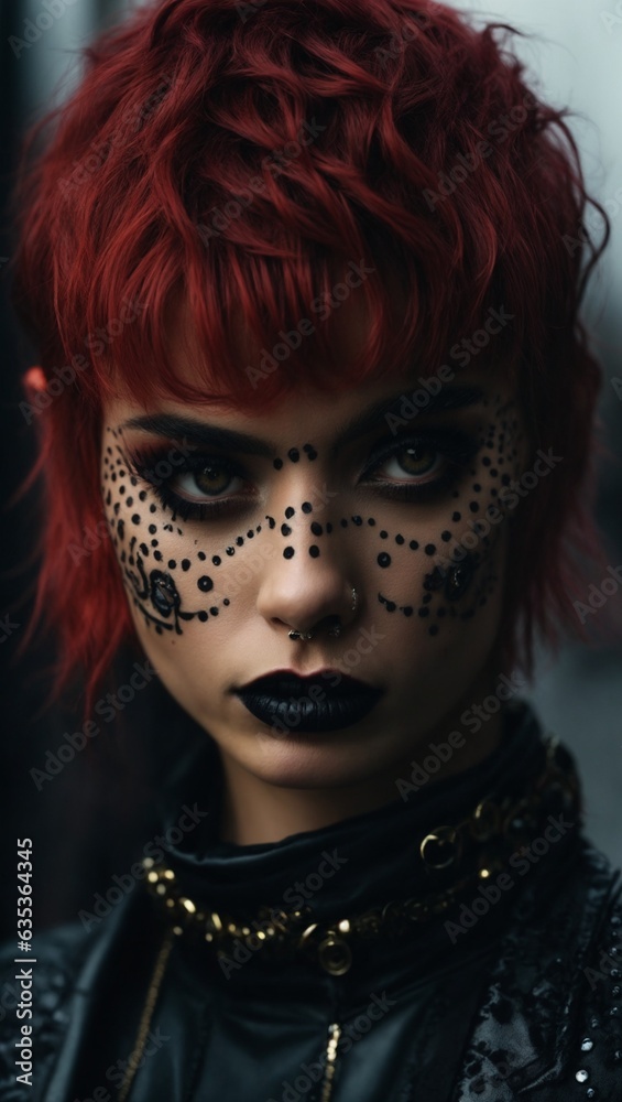A woman with vibrant red hair and dramatic black makeup A woman with vibrant red hair and dramatic black makeup
