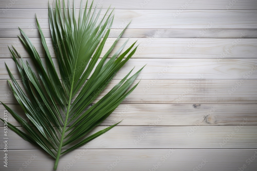 Palm leaf on wooden background. Top view with copy space Palm leaf on wooden background. Top view with copy space