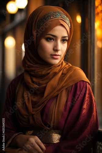 A woman wearing a vibrant red and brown hijab