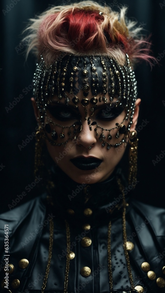 A woman with striking red hair and dramatic black makeup A woman with striking red hair and dramatic black makeup