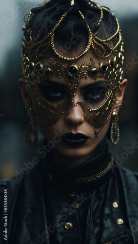 A woman wearing a striking gold mask and dramatic black makeup