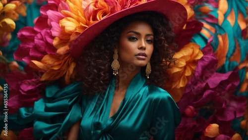 A woman in a green dress and red hat