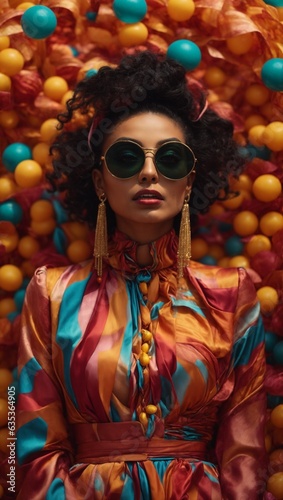 A stylish woman in sunglasses and a vibrant dress