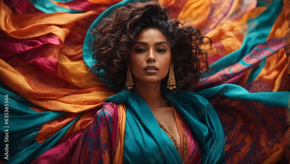 Fototapeta premium A woman wearing a vibrant blue and orange dress