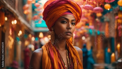 A woman wearing an orange turban standing in a vibrant street