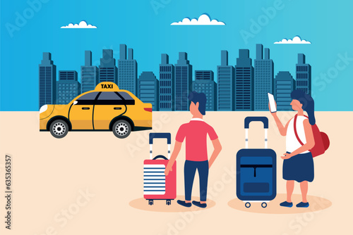 Taxi order or ride hailing app with location marker as two tourists with luggage wait for a yellow taxi cab in a city street
