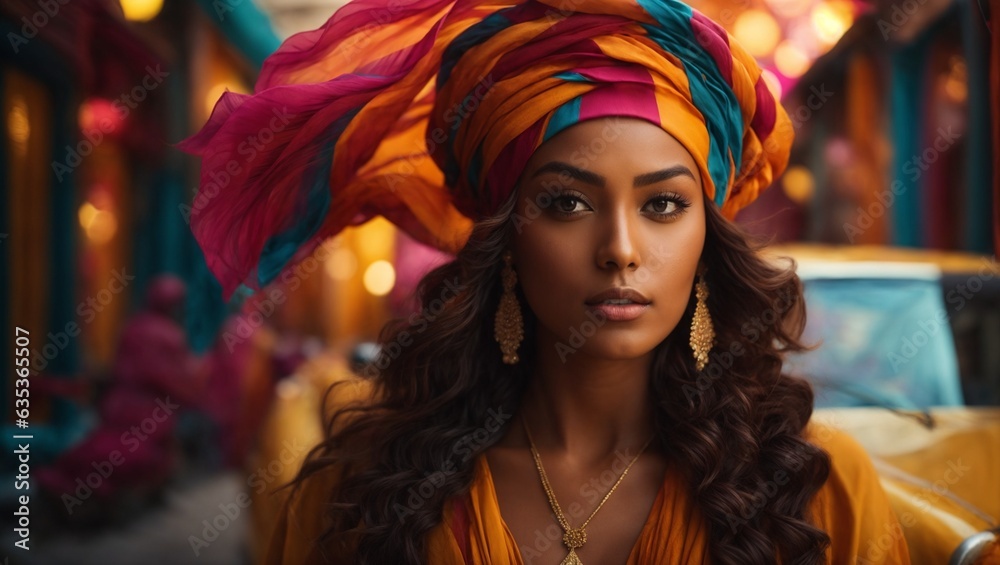 A woman wearing a turban on her hea A woman wearing a turban on her hea