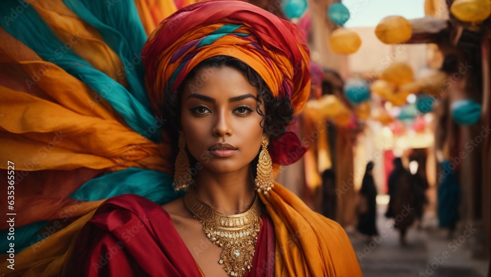 Fototapeta premium A woman adorned with a vibrant headdress and intricate jewelry