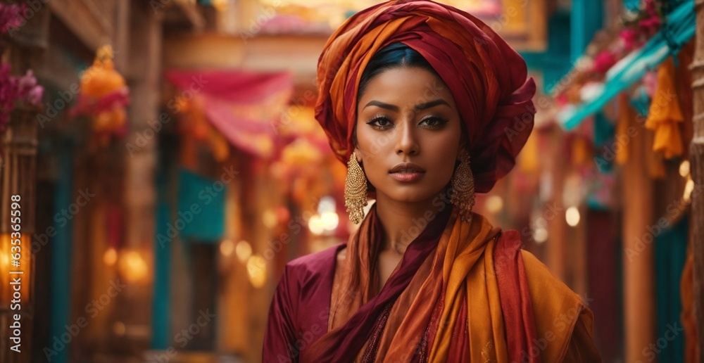 A woman wearing a turban standing in a hallway