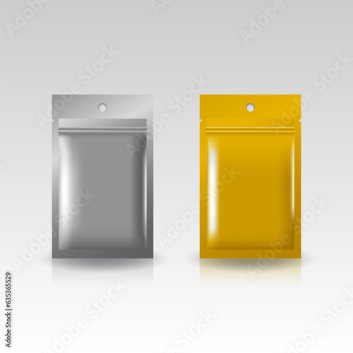 Silver and gold flat aluminum zip pouch with hanging hole mockup for food, supplement or other product. Isolated on gray background with shadow. For package design. Realistic vector illustration.