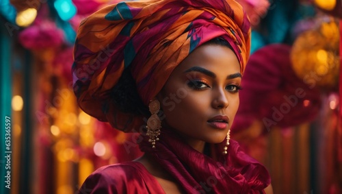 A woman with a stylish turban and elegant earrings