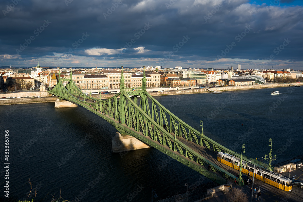 Budapest view featuring Liberty bridge and tram