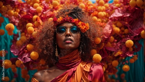 A woman with a vibrant floral headdress