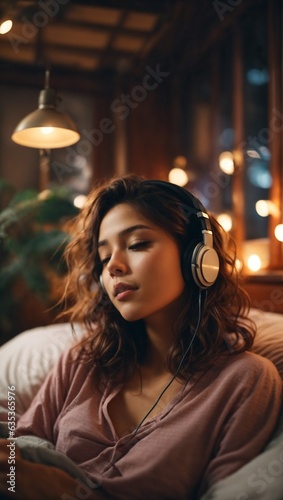 A woman enjoying music on a comfy couch with headphones