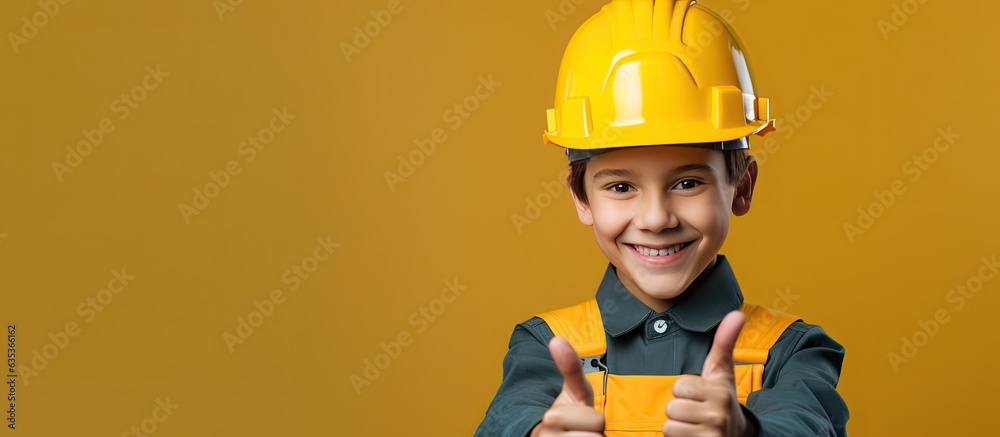 Smiling teen boy with helmet pointing fingers up Space for text Smiling teen boy with helmet pointing fingers up Space for text