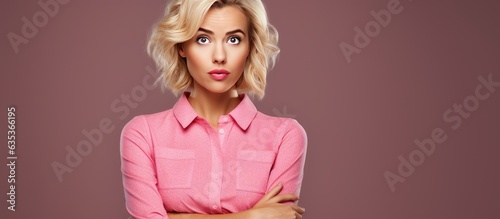 Young blond businesswoman in pink shirt and jeans looking bewildered and startled in a studio with copy space