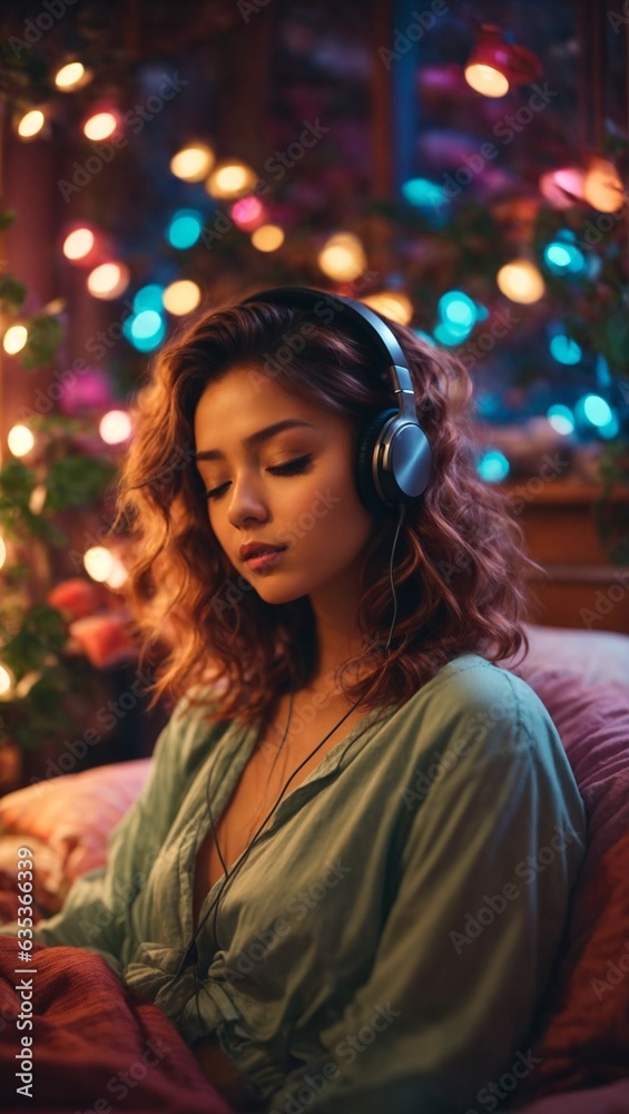 A woman enjoying music on a cozy couch