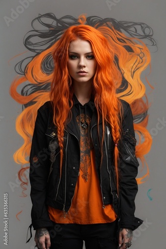 A woman with orange hair and a black jacket